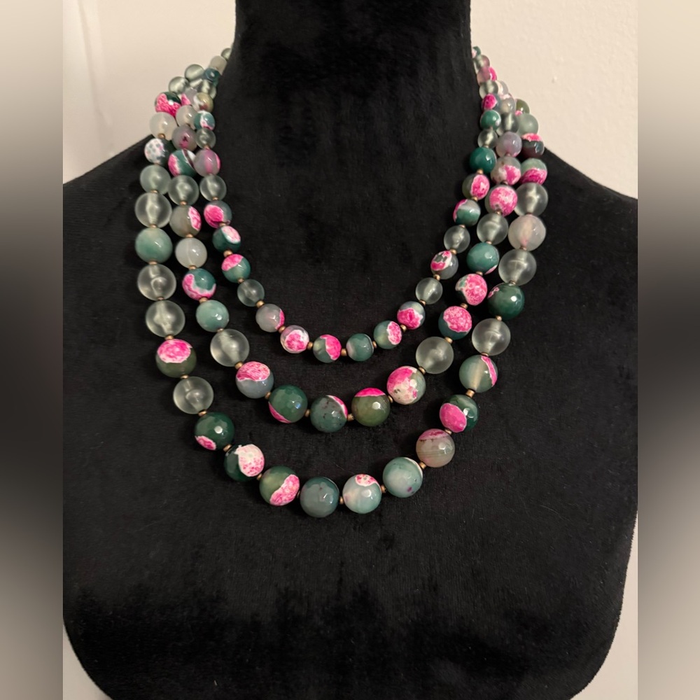 Three strand pink and green faceted agate necklace